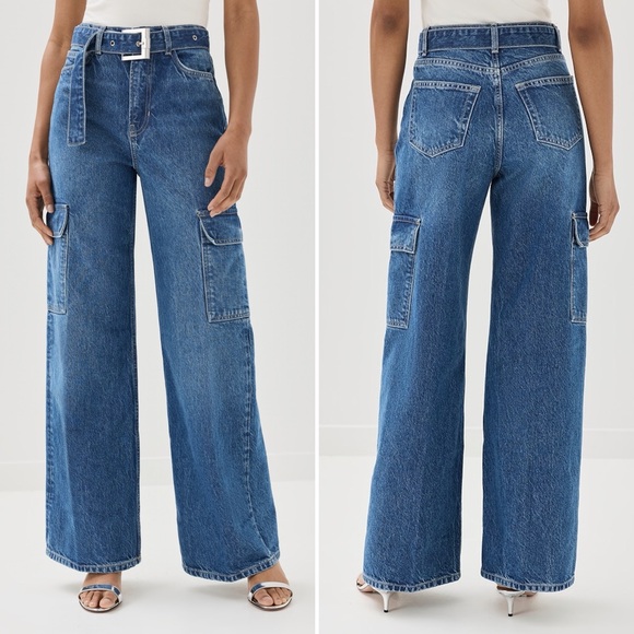 Reformation Cary Cargo Wide Leg Slouchy Belted Jeans Blue - Picture 4 of 4